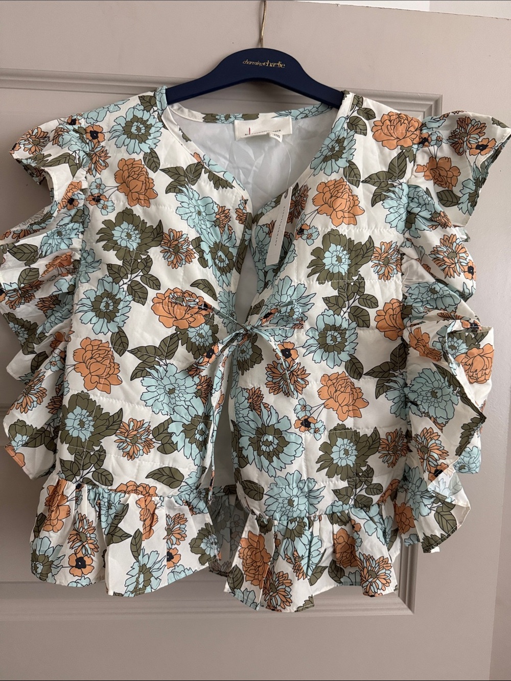 Anthropologie Floral Tie-Front Ruffle Blouse - Cream, Blue & Orange $98